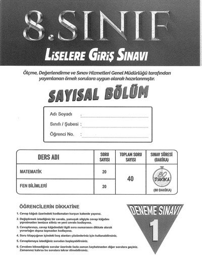 LİSELERE GİRİŞ SINAVI SAYISAL BÖLÜM DENEME SINAVI ANKA Fotokopi