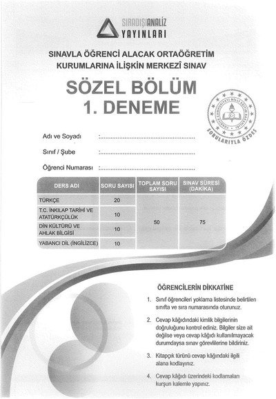 SÖZEL BÖLÜM 1. DENEME MERKEZİ SINAV ANKA Fotokopi