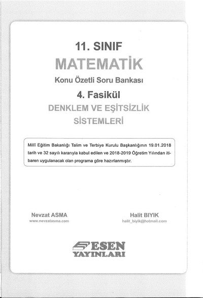 MATEMATİK KONU ÖZETLİ SORU BANKASI 4. FASİKÜL DENKLEM VE EŞİTSİZLİK SİSTEMLERİ ANKA Fotokopi