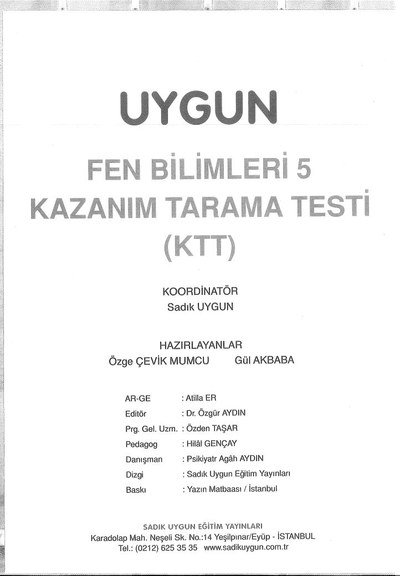 UYGUN FEN BİLİMLERİ KAZANIM TARAMA TESTİ