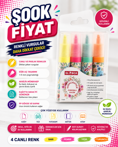 Globox Fosforlu Kalem Baskılı 4 Lü Set ANKA Fotokopi