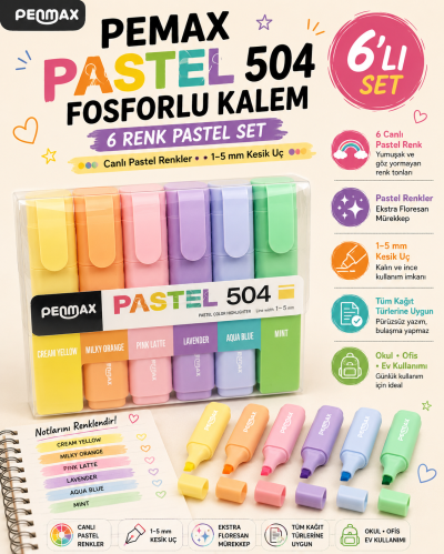 Penmax Fosforlu Işaretleme Kalemi Pastel Renkler 6'lı Set ANKA Fotokopi