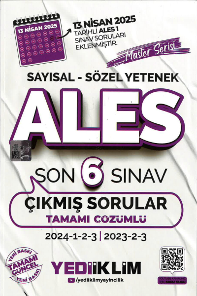 ALES Master Serisi Sayısal Sözel Yetenek Tamamı Çözümlü Son 6 Sınav Çıkmış Sorular Yediiklim Yayınları (2023-2024) ANKA Fotokopi