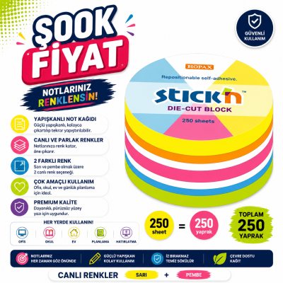 Hopax Stıck'n 21830 Yapışkanlı Yuvarlak Blok Neon 250 Yaprak ANKA Fotokopi
