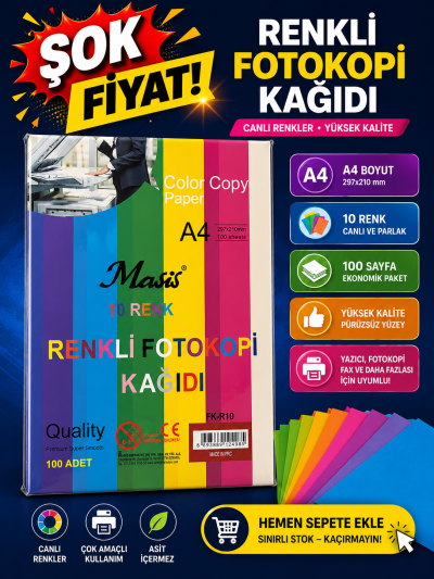 10 Renk 100 Sayfa Renkli Fotokopi Kağıdı ANKA Fotokopi