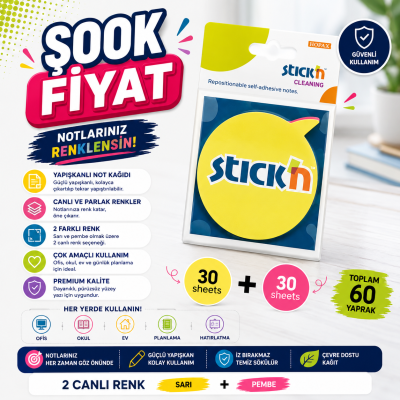 2 Neon Renk Yuvarlak Konuşma Balonu 60 Yaprak 76x76 Yapışkanlı Not Kağıdı ANKA Fotokopi