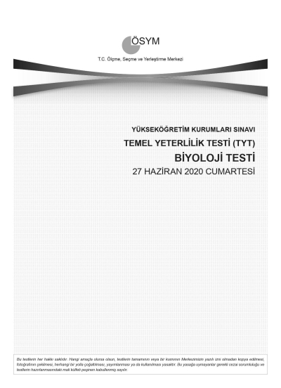BİYOLOJİ SON 11 YIL ÇIKMIŞ SORULAR (TYT) (2020 DAHİL)