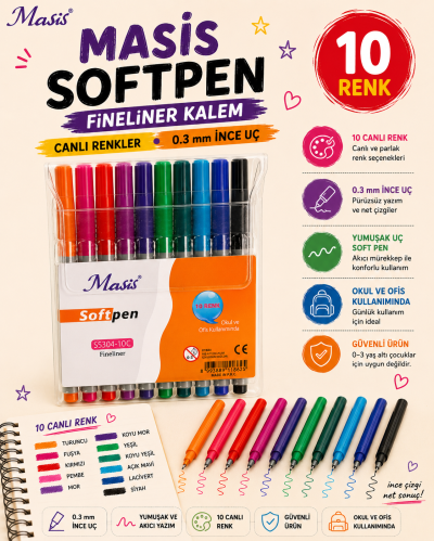 Masis Fineliner Softpen Kalem 10 Renk Pvc S5304-10c ANKA Fotokopi