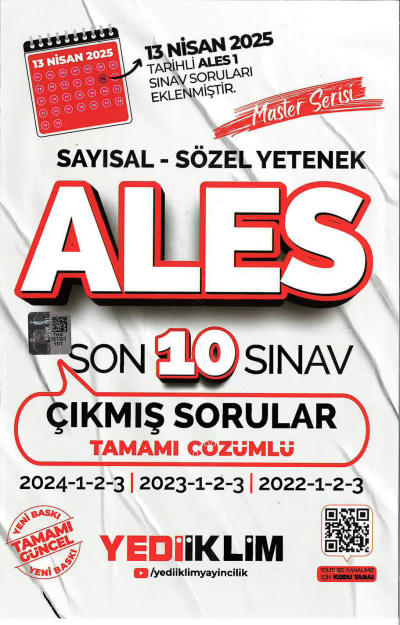 2025 ALES Master Serisi Sayısal Sözel Yetenek Tamamı Çözümlü Son 10 Sınav Çıkmış Sorular Yediiklim Yayınları (2022-2023-2024) ANKA Fotokopi