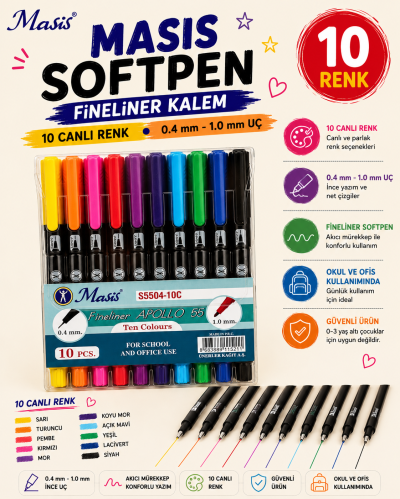 Masis Fineliner Apollo 55 İki Uçlu Kalem 10Lu ANKA Fotokopi