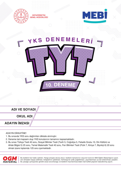 MEBİ YKS Denemeleri TYT 10. Deneme ANKA Fotokopi
