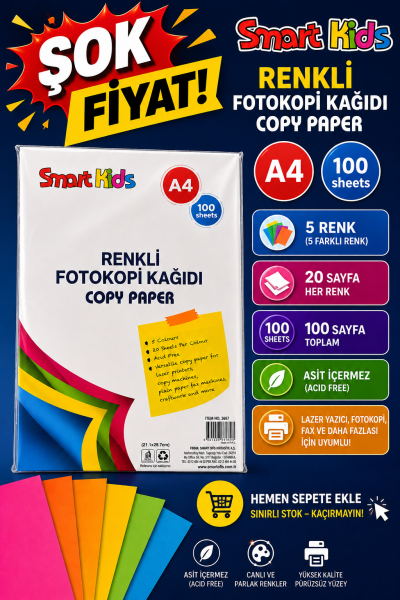 5 Renk 100 Sayfa Renkli Fotokopi Kağıdı Smart Kids ANKA Fotokopi
