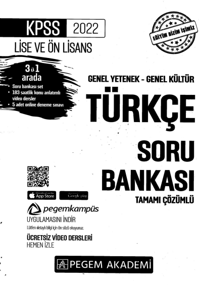 2022 KPSS LİSE VE ÖNLİSANS TÜRKÇE SORU BANKASI