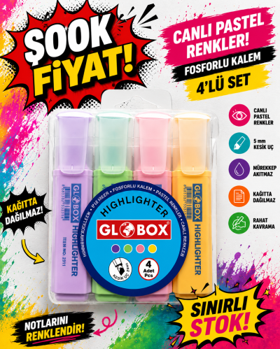 Globox Fosforlu Kalem Pastel Renk 4.lü ANKA Fotokopi