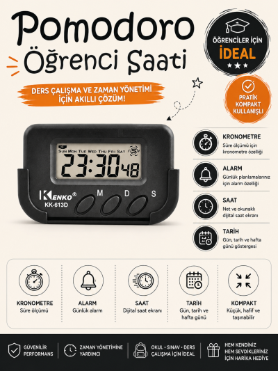 Kenko Pomodoro Öğrenci Saati - Kronometreli Ders Çalışma Saati - Dijital Masa Saati Kenko KK-613D ANKA Fotokopi