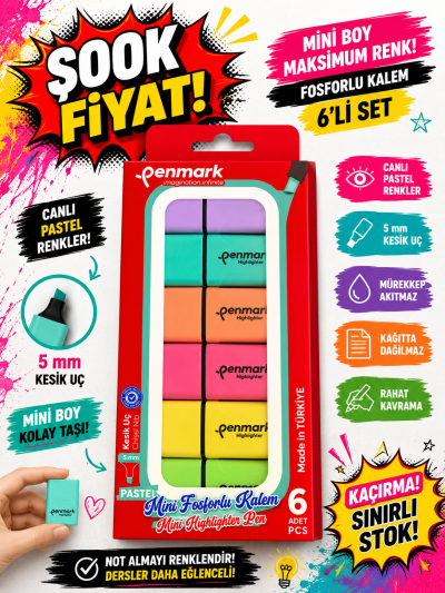 MİNİ FOSFORLU KALEM 6 LI PASTEL PENMARK ANKA Fotokopi